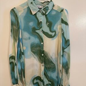 FRNCH Women's Swirl Pattern Button Down Shirt - Green and Blue